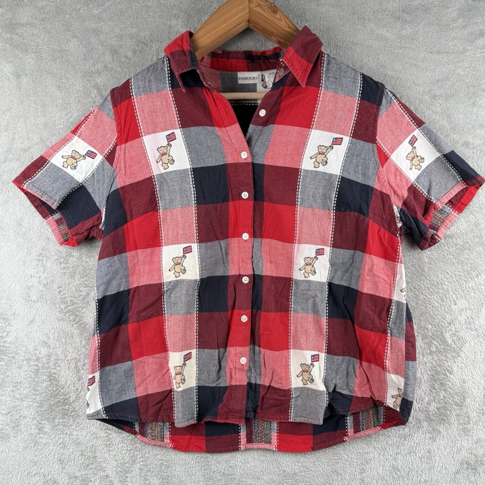 Fashion Bug VTG July 4th Embroidered Bear Flag Button Down Shirt Womens 18/20
